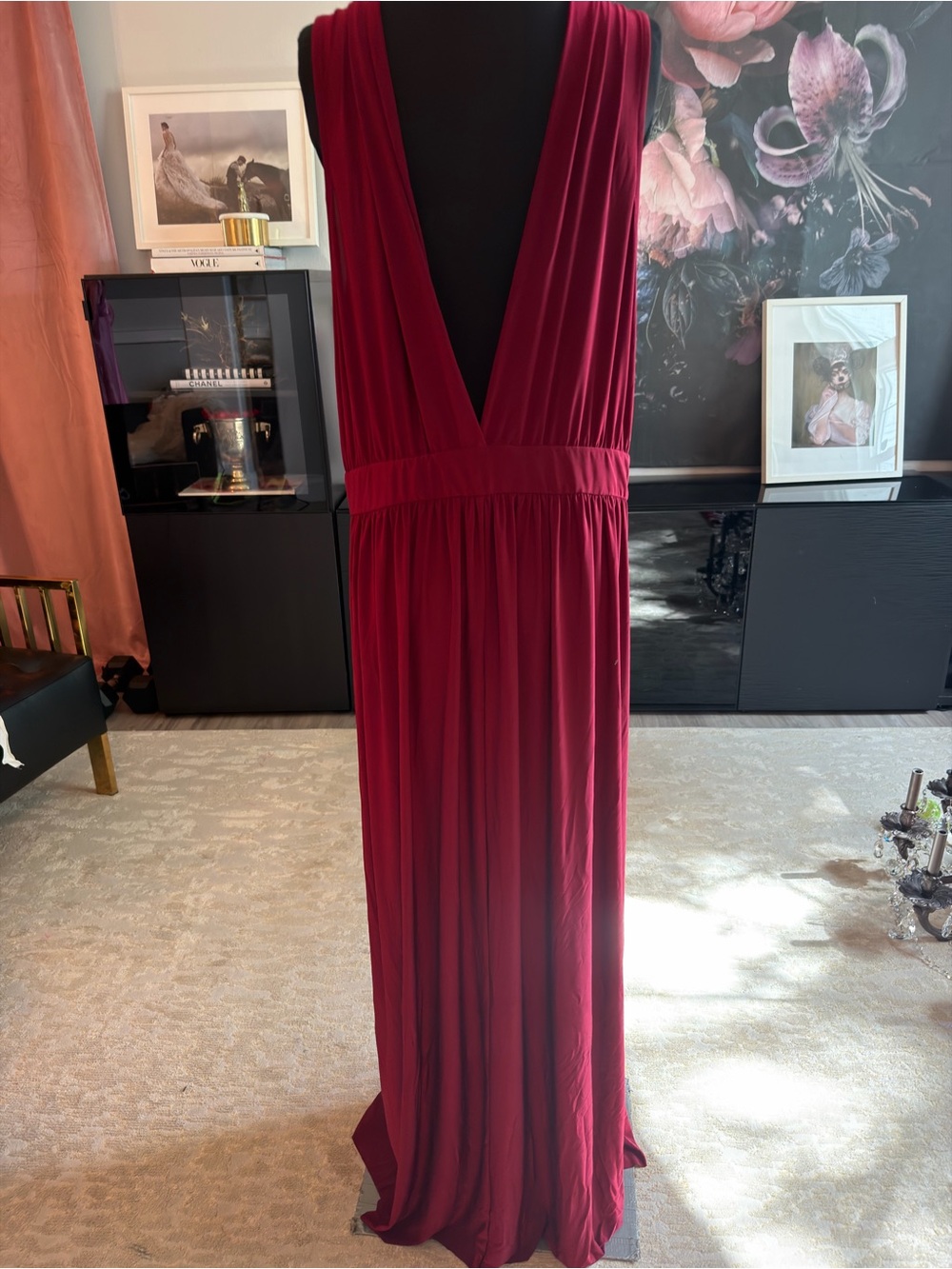 Fashion Nova Burgundy Plunge V-Neck Maxi Dress